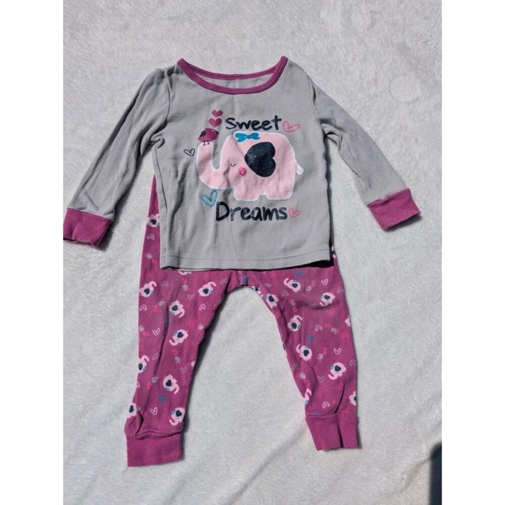 Sleepwear Baby Girl Elephant Pajama Set 12 Months Gray Pink 2-Piece Cotton